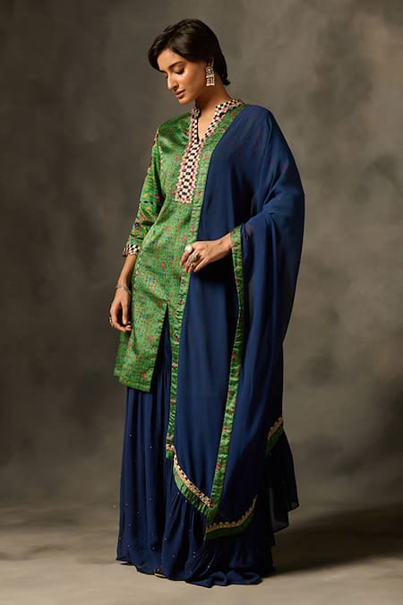 Saundh Green Kurta Viscose Modal Printed Geometric Mandarin Collar Tisya Sharara Set 