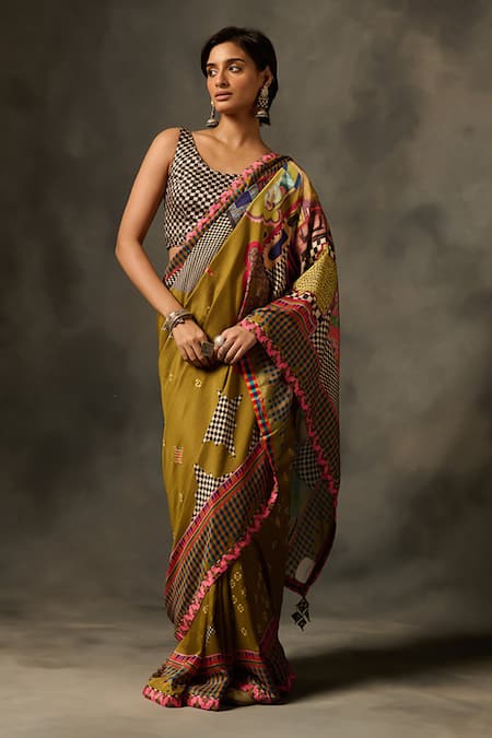 Saundh Green Saree Muslin Silk Printed Checkered Indra With Unstitched Blouse Piece 