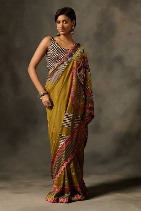 Saundh_Green Muslin, Silk, Indra Checkered Print Saree With Unstitched Blouse Piece_Online_at_Aza_Fashions