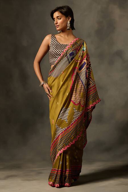 Buy_Saundh_Green Muslin, Silk, Indra Checkered Print Saree With Unstitched Blouse Piece_Online_at_Aza_Fashions