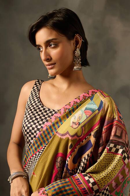 Shop_Saundh_Green Muslin, Silk, Indra Checkered Print Saree With Unstitched Blouse Piece_Online_at_Aza_Fashions
