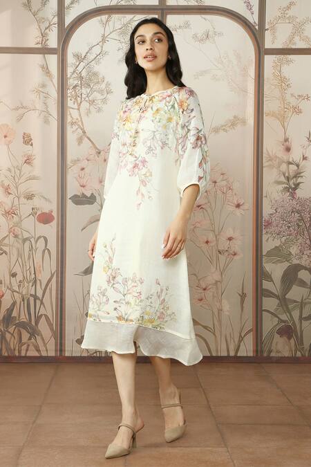 Kaveri_Off White 100% Linen Hand Screen Print Candy Blossom Kismat Floral Midi Dress_Online_at_Aza_Fashions