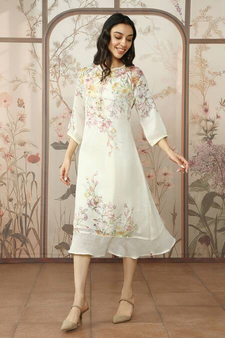 Buy_Kaveri_Off White 100% Linen Hand Screen Print Candy Blossom Kismat Floral Midi Dress_Online_at_Aza_Fashions