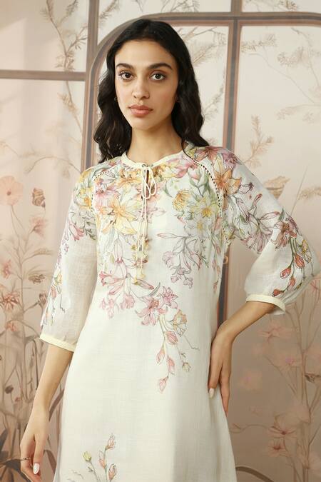Shop_Kaveri_Off White 100% Linen Hand Screen Print Candy Blossom Kismat Floral Midi Dress_Online_at_Aza_Fashions