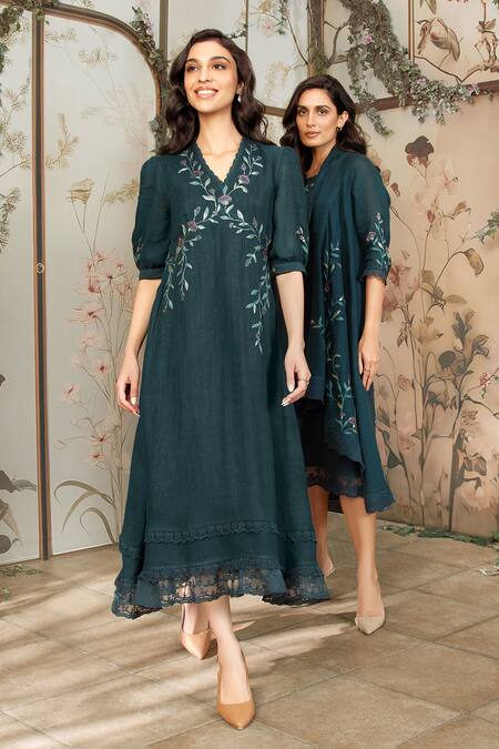 Kaveri_Green 100% Linen Embroidered Viners V Neck Dahlia Dia Dress _Online_at_Aza_Fashions
