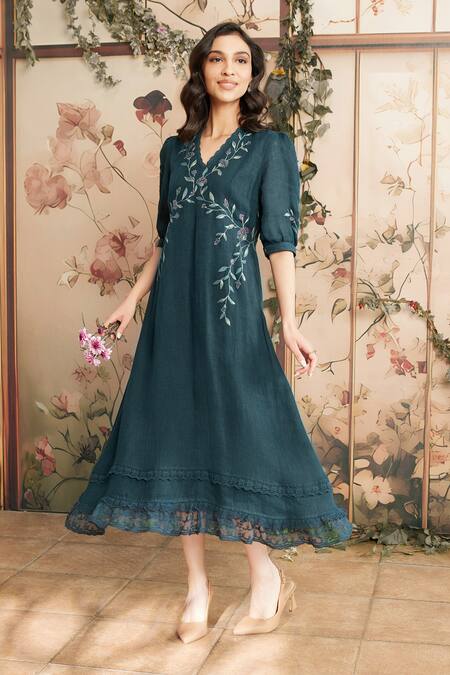 Shop_Kaveri_Green 100% Linen Embroidered Viners V Neck Dahlia Dia Dress _Online_at_Aza_Fashions
