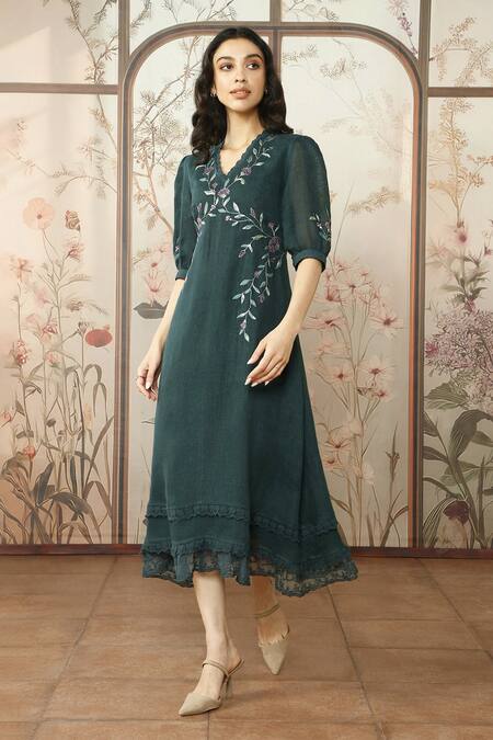 Kaveri_Green 100% Linen Embroidered Viners V Neck Dahlia Dia Dress _at_Aza_Fashions