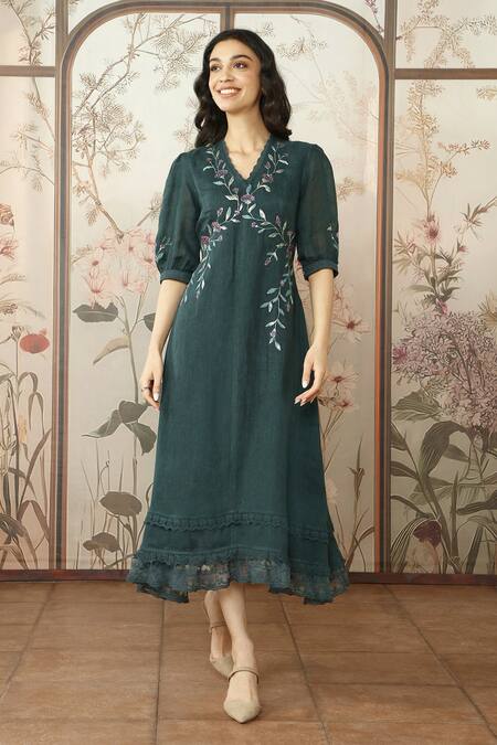 Shop_Kaveri_Green 100% Linen Embroidered Viners V Neck Dahlia Dia Dress 