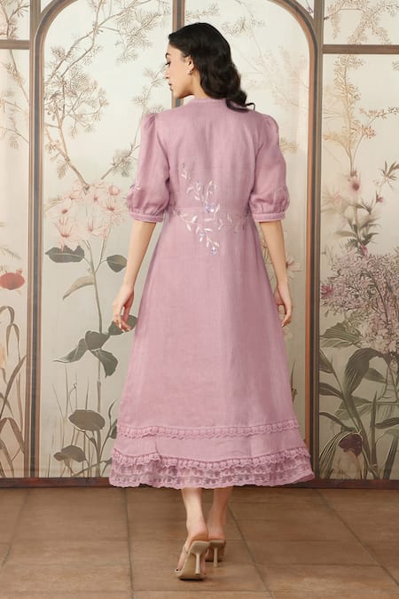 Shop Kaveri Pink 100% Linen Embroidered Viners V Neck Dahlia Dia Midi Dress at Aza Fashions Shop_Kaveri_Pink 100% Linen Embroidered Viners V Neck Dahlia Dia Midi Dress _at_Aza_Fashions
