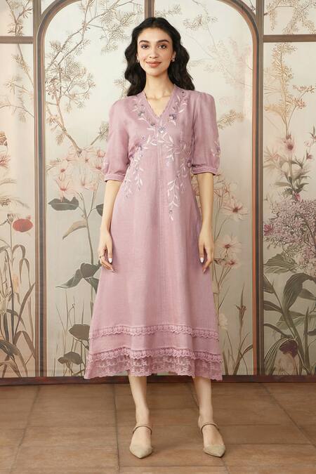 Kaveri Pink 100% Linen Embroidered Viners V Neck Dahlia Dia Midi Dress Online at Aza Fashions Kaveri_Pink 100% Linen Embroidered Viners V Neck Dahlia Dia Midi Dress _Online_at_Aza_Fashions