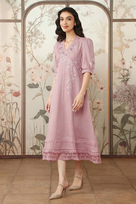 Buy Kaveri Pink 100% Linen Embroidered Viners V Neck Dahlia Dia Midi Dress Online at Aza Fashions Buy_Kaveri_Pink 100% Linen Embroidered Viners V Neck Dahlia Dia Midi Dress _Online_at_Aza_Fashions