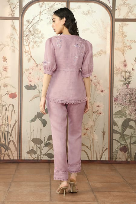Shop Kaveri Pink 100% Linen Embroidered Lace V Neck Dahlia Dia Top With Pant at Aza Fashions Shop_Kaveri_Pink 100% Linen Embroidered Lace V Neck Dahlia Dia Top With Pant _at_Aza_Fashions
