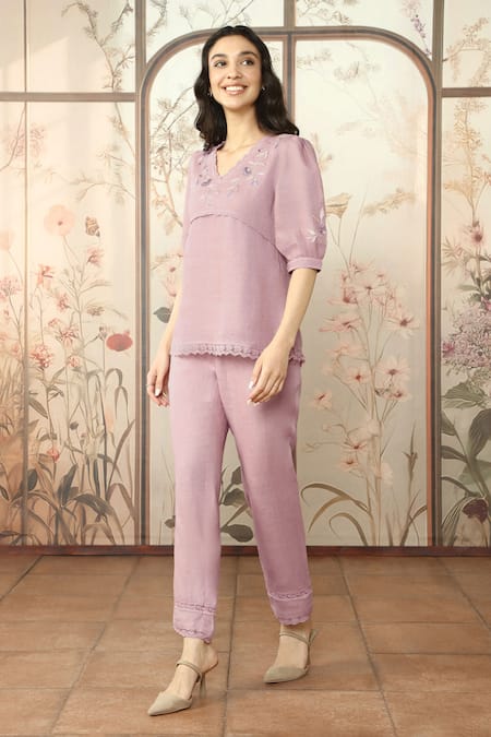 Buy Kaveri Pink 100% Linen Embroidered Lace V Neck Dahlia Dia Top With Pant Online at Aza Fashions Buy_Kaveri_Pink 100% Linen Embroidered Lace V Neck Dahlia Dia Top With Pant _Online_at_Aza_Fashions