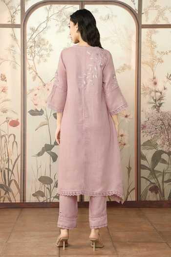 Shop Kaveri Pink Linen Lace, Embroidery V-neck Dahlia Kurta Pant Set at Aza Fashions Shop_Kaveri_Pink Linen Lace, Embroidery V-neck Dahlia Kurta Pant Set _at_Aza_Fashions