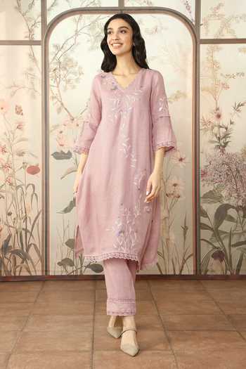 Buy Kaveri Pink Linen Lace, Embroidery V-neck Dahlia Kurta Pant Set Online at Aza Fashions Buy_Kaveri_Pink Linen Lace, Embroidery V-neck Dahlia Kurta Pant Set _Online_at_Aza_Fashions