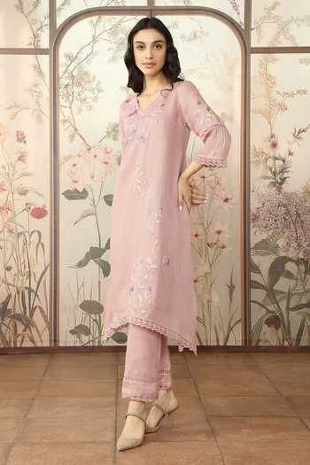 Shop Kaveri Pink Linen Lace, Embroidery V-neck Dahlia Kurta Pant Set Online at Aza Fashions Shop_Kaveri_Pink Linen Lace, Embroidery V-neck Dahlia Kurta Pant Set _Online_at_Aza_Fashions