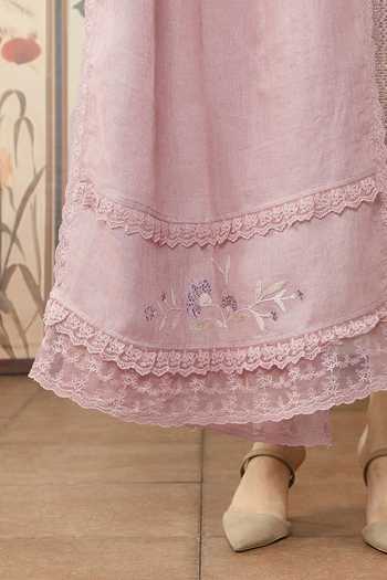 Buy Kaveri Pink Linen Lace, Embroidery V-neck Dahlia Kurta Pant Set Buy_Kaveri_Pink Linen Lace, Embroidery V-neck Dahlia Kurta Pant Set