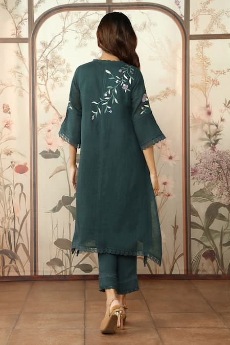 Buy Green Linen Lace, Embroidery V-neck Dahlia Thread Kurta Pant