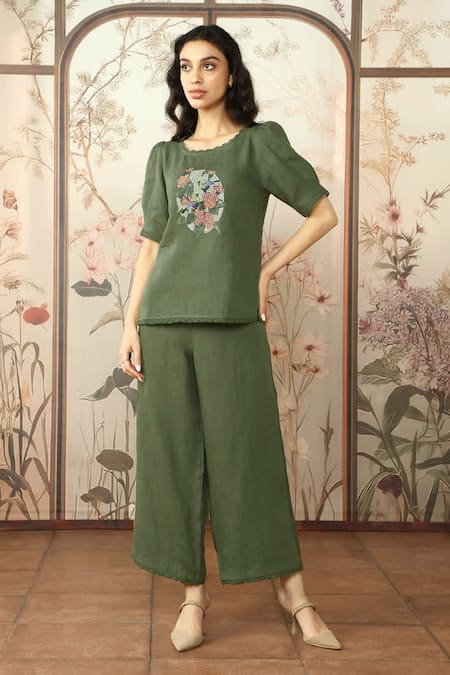 KAVERI Green 100% Linen Hand Print Lace Round Mosaic Floral Top With Pant 