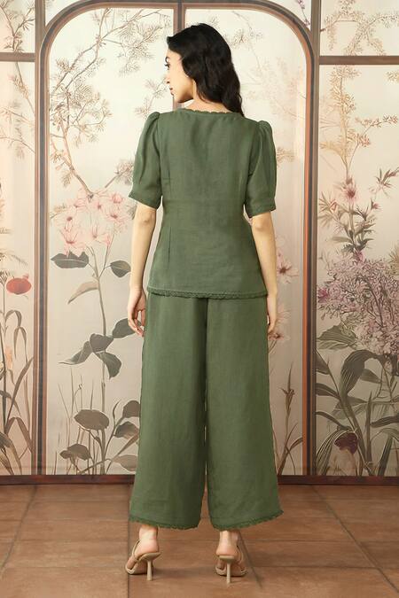 Shop_Kaveri_Green 100% Linen Hand Print Lace Round Mosaic Floral Top With Pant_at_Aza_Fashions