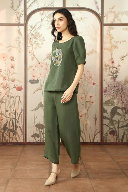 Kaveri_Green 100% Linen Hand Print Lace Round Mosaic Floral Top With Pant_Online_at_Aza_Fashions