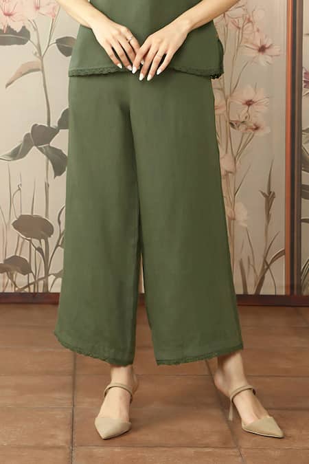 Kaveri_Green 100% Linen Hand Print Lace Round Mosaic Floral Top With Pant_at_Aza_Fashions