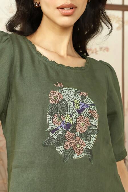 Buy_Kaveri_Green 100% Linen Hand Print Lace Round Mosaic Floral Top With Pant