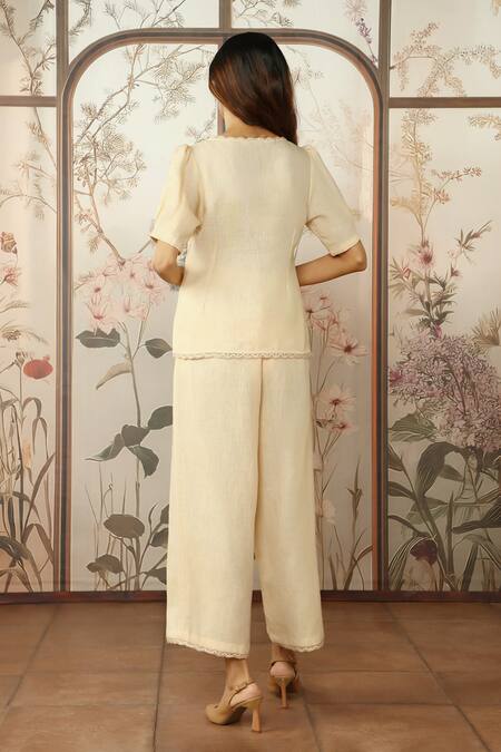 Shop Kaveri Yellow 100% Linen Hand Screen Print Lace Round Mosaic Floral Top And Pant Set at Aza Fashions Shop_Kaveri_Yellow 100% Linen Hand Screen Print Lace Round Mosaic Floral Top And Pant Set_at_Aza_Fashions
