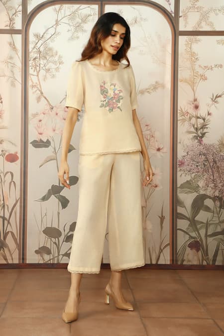 Kaveri Yellow 100% Linen Hand Screen Print Lace Round Mosaic Floral Top And Pant Set Online at Aza Fashions Kaveri_Yellow 100% Linen Hand Screen Print Lace Round Mosaic Floral Top And Pant Set_Online_at_Aza_Fashions