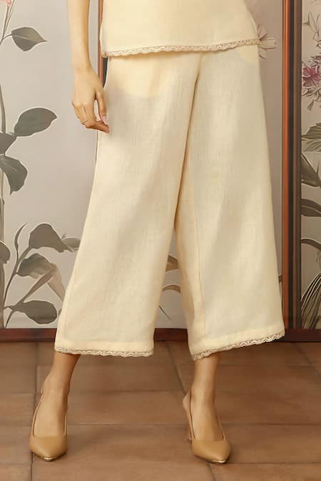 Buy Kaveri Yellow 100% Linen Hand Screen Print Lace Round Mosaic Floral Top And Pant Set Online at Aza Fashions Buy_Kaveri_Yellow 100% Linen Hand Screen Print Lace Round Mosaic Floral Top And Pant Set_Online_at_Aza_Fashions