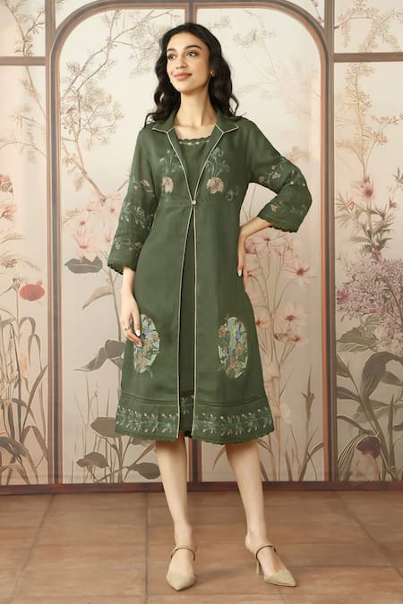 KAVERI Green 100% Linen Hand Print Lace Jacket Mosaic Floral With Dress 