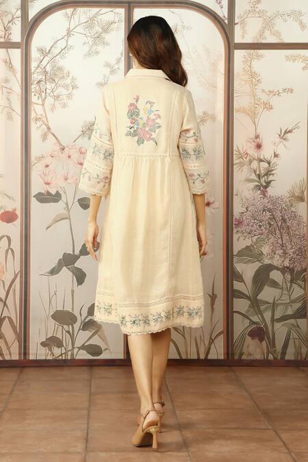 Shop Kaveri Yellow 100% Linen Hand Screen Print Lace Jacket Mosaic Floral And Dress Set at Aza Fashions Shop_Kaveri_Yellow 100% Linen Hand Screen Print Lace Jacket Mosaic Floral And Dress Set_at_Aza_Fashions