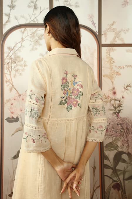 Buy Kaveri Yellow 100% Linen Hand Screen Print Lace Jacket Mosaic Floral And Dress Set Online at Aza Fashions Buy_Kaveri_Yellow 100% Linen Hand Screen Print Lace Jacket Mosaic Floral And Dress Set_Online_at_Aza_Fashions