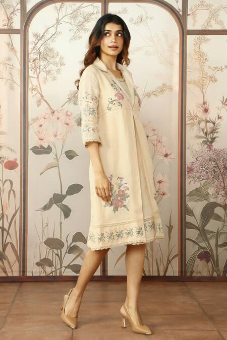 Shop Kaveri Yellow 100% Linen Hand Screen Print Lace Jacket Mosaic Floral And Dress Set Online at Aza Fashions Shop_Kaveri_Yellow 100% Linen Hand Screen Print Lace Jacket Mosaic Floral And Dress Set_Online_at_Aza_Fashions