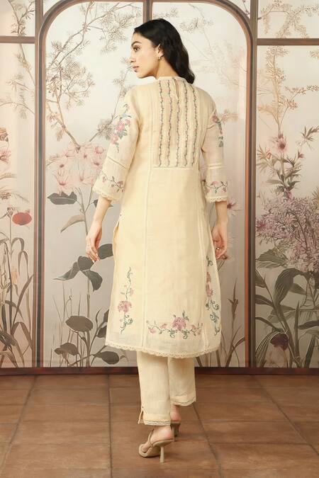 Shop Kaveri Yellow Linen Embroidery Round Neck Mosaic Floral Print Kurta Pant Set at Aza Fashions Shop_Kaveri_Yellow Linen Embroidery Round Neck Mosaic Floral Print Kurta Pant Set_at_Aza_Fashions