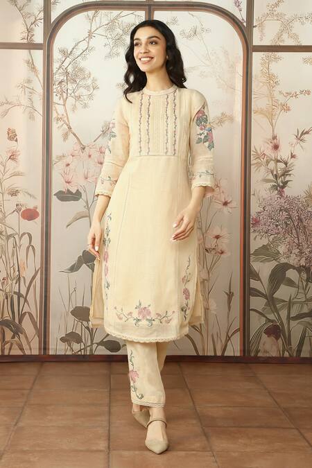 Kaveri Yellow Linen Embroidery Round Neck Mosaic Floral Print Kurta Pant Set Online at Aza Fashions Kaveri_Yellow Linen Embroidery Round Neck Mosaic Floral Print Kurta Pant Set_Online_at_Aza_Fashions