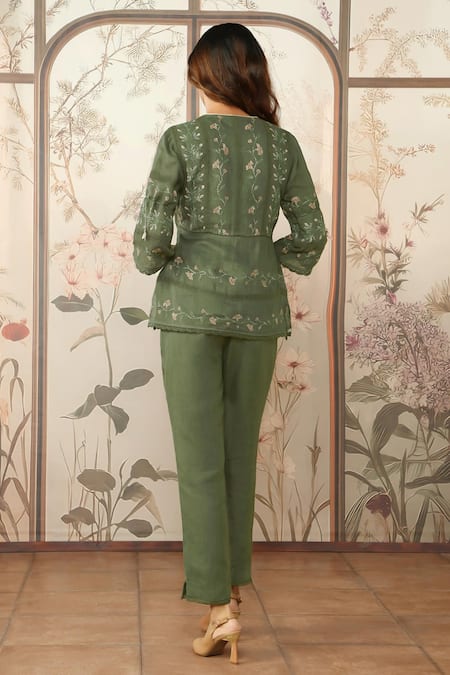 Shop_Kaveri_Green Linen Lace, Embroidery V-neck Moscai Floral Printed Top With Pant_at_Aza_Fashions