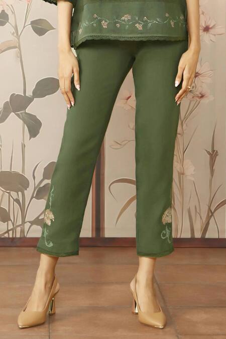 Kaveri_Green Linen Lace, Embroidery V-neck Moscai Floral Printed Top With Pant_Online_at_Aza_Fashions