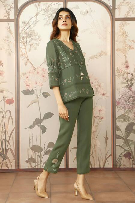 Buy_Kaveri_Green Linen Lace, Embroidery V-neck Moscai Floral Printed Top With Pant_Online_at_Aza_Fashions