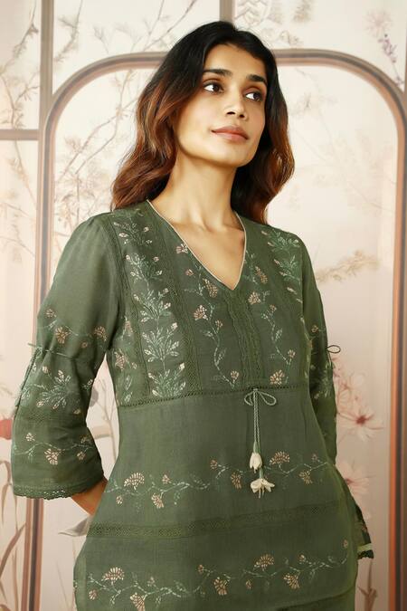 Shop_Kaveri_Green Linen Lace, Embroidery V-neck Moscai Floral Printed Top With Pant_Online_at_Aza_Fashions