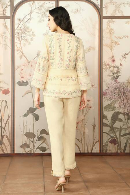 Shop Kaveri Yellow Linen Lace, Embroidery V-neck Moscai Floral Printed Top And Pant Set at Aza Fashions Shop_Kaveri_Yellow Linen Lace, Embroidery V-neck Moscai Floral Printed Top And Pant Set_at_Aza_Fashions