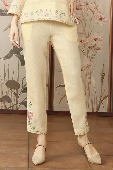 Shop Kaveri Yellow Linen Lace, Embroidery V-neck Moscai Floral Printed Top And Pant Set Online at Aza Fashions Shop_Kaveri_Yellow Linen Lace, Embroidery V-neck Moscai Floral Printed Top And Pant Set_Online_at_Aza_Fashions
