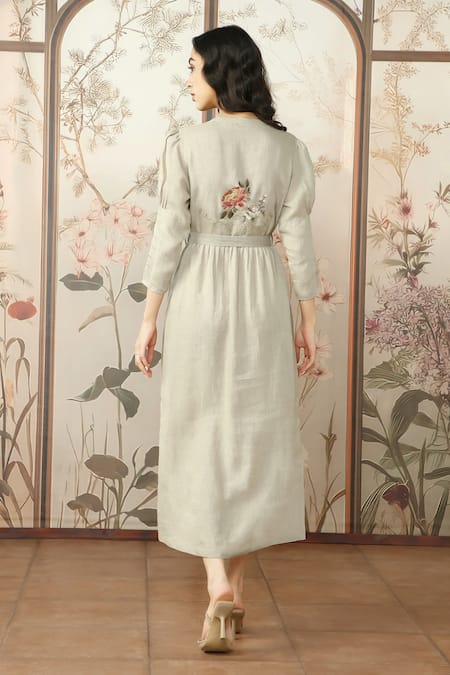 Shop Kaveri Beige 100% Linen Painted Floral Mandarin Collar Peony Parade Hand Dress at Aza Fashions Shop_Kaveri_Beige 100% Linen Painted Floral Mandarin Collar Peony Parade Hand Dress _at_Aza_Fashions