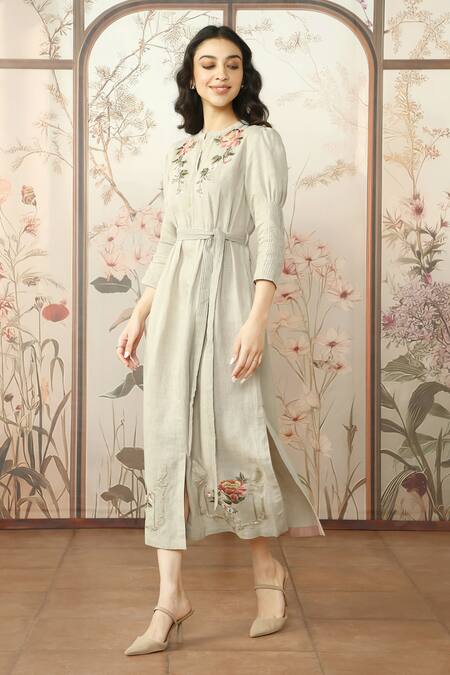 Kaveri Beige 100% Linen Painted Floral Mandarin Collar Peony Parade Hand Dress Online at Aza Fashions Kaveri_Beige 100% Linen Painted Floral Mandarin Collar Peony Parade Hand Dress _Online_at_Aza_Fashions