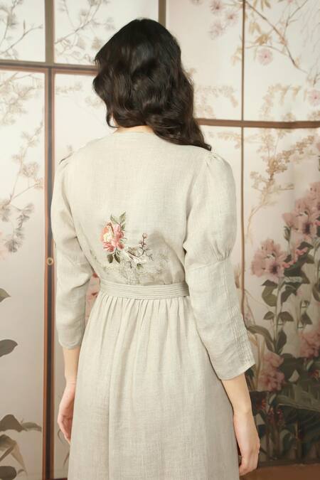 Buy Kaveri Beige 100% Linen Painted Floral Mandarin Collar Peony Parade Hand Dress Online at Aza Fashions Buy_Kaveri_Beige 100% Linen Painted Floral Mandarin Collar Peony Parade Hand Dress _Online_at_Aza_Fashions