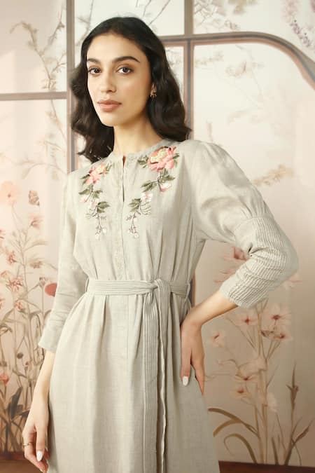 Shop Kaveri Beige 100% Linen Painted Floral Mandarin Collar Peony Parade Hand Dress Online at Aza Fashions Shop_Kaveri_Beige 100% Linen Painted Floral Mandarin Collar Peony Parade Hand Dress _Online_at_Aza_Fashions