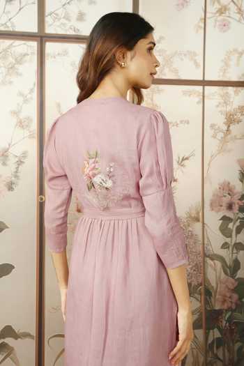 Buy Kaveri Pink 100% Linen Painted Floral Mandarin Collar Peony Parade Hand Dress Online at Aza Fashions Buy_Kaveri_Pink 100% Linen Painted Floral Mandarin Collar Peony Parade Hand Dress _Online_at_Aza_Fashions