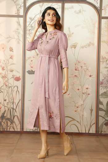 Shop Kaveri Pink 100% Linen Painted Floral Mandarin Collar Peony Parade Hand Dress Online at Aza Fashions Shop_Kaveri_Pink 100% Linen Painted Floral Mandarin Collar Peony Parade Hand Dress _Online_at_Aza_Fashions