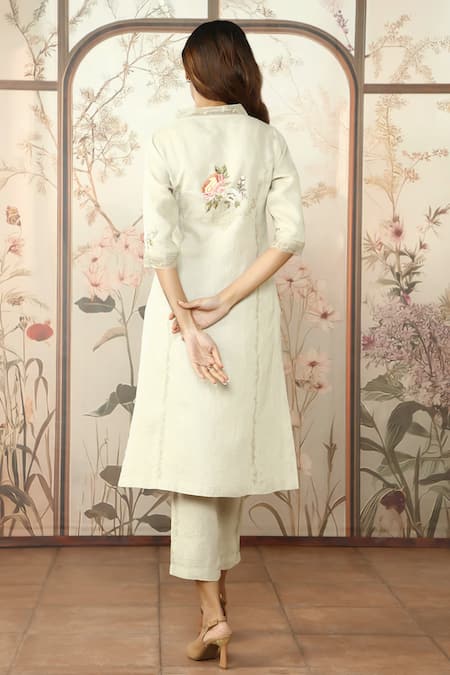 Shop_Kaveri_Beige Linen, Silk Embroidery V-neck Peony Parade Kurta Pant Set _at_Aza_Fashions