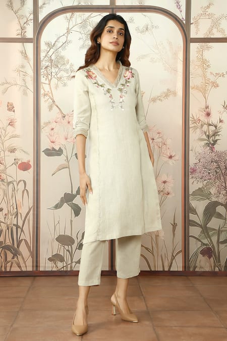 Kaveri_Beige Linen, Silk Embroidery V-neck Peony Parade Kurta Pant Set _Online_at_Aza_Fashions